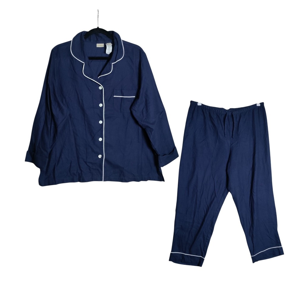 LL Bean Pajama Set Womens XL Petite Navy Blue Cotton Button Up 2 Piece PJ 0JSS6